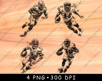 May include: Four black and white digital illustrations of football players in action. The players are wearing jerseys with numbers and helmets. The background is a light wood grain.