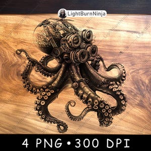 May include: A steampunk-style octopus with a metallic body and gears, rendered in a digital illustration on a woodgrain background.