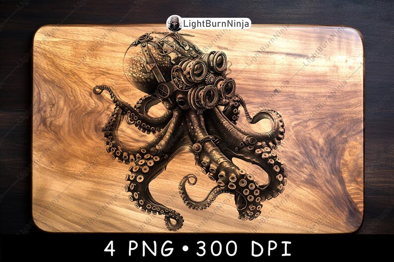 May include: A steampunk-style octopus with a metallic body and gears, rendered in a digital illustration on a woodgrain background.