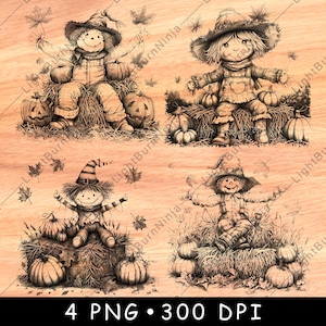 May include: Four digital illustrations of scarecrows with pumpkins and fall leaves. The scarecrows are drawn in a vintage style with a rustic woodgrain background.