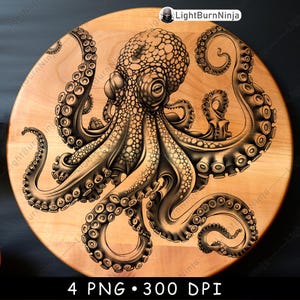 May include: A detailed black and white illustration of an octopus with tentacles curled around itself, on a light brown wooden background.