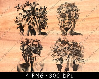 May include: Four digital illustrations of a woman's face with a skull and floral crown. The woman's hands are covering her face. The background is a wood grain texture. 4 PNG 300 DPI.