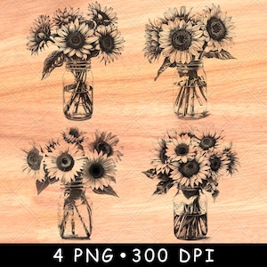 Pot Mason Tournesols bouquet de fleurs frais récolte décoration d'intérieur fichier laser gravure en niveaux de gris ardoise dessous de verre image PNG noir et blanc graver sur bois Cnc