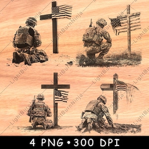 Soldato inginocchiato Croce Bandiera americana Onore Memoriale Tributo Laser File Brucia Scala di grigi Ardesia Sottobicchiere Nero Bianco Immagine PNG Incisione Cnc Legno