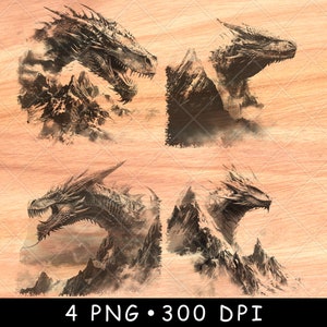 Dragon Head Berglandschap Spel Draco Fantasie Troon Mythe Laserbestand branden grijstinten leisteen onderzetter zwart wit PNG-afbeelding graveren CNC hout