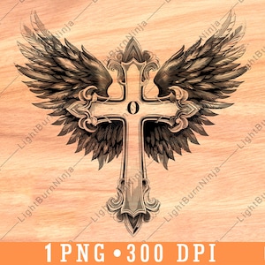 Cross Angel Wings Spiritual Faith Holy Christian Crucifix Art Laser File Burn Grayscale Slate Coaster Black White PNG Image Engrave Wood,one