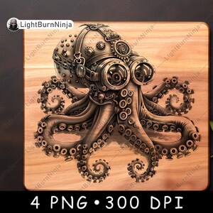 May include: A steampunk-style octopus with a detailed, intricate design. The octopus is made of metal and has a gear-like head with goggles. The octopus is on a wooden background.