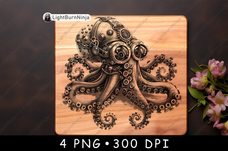 May include: A steampunk-style octopus with a detailed, intricate design. The octopus is made of metal and has a gear-like head with goggles. The octopus is on a wooden background.