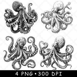May include: Four black and white illustrations of octopuses with tentacles curled in different positions. The illustrations are drawn in a detailed and realistic style.