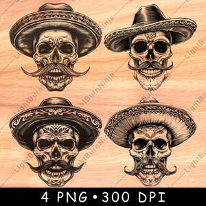Tête de mort sombrero chapeau moustache Halloween gothique culture mexicaine fichier laser gravure en niveaux de gris ardoise dessous de verre image PNG noir et blanc graver sur bois