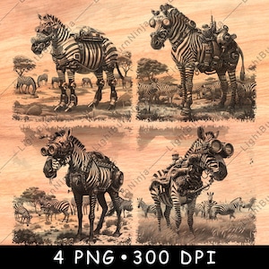Armure mécanique Steampunk zèbre Safari animal sauvage Machine fichier laser graver en niveaux de gris ardoise sous-bock noir blanc Image PNG graver du bois Cnc