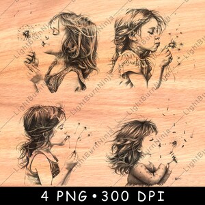 Petite fille soufflant pissenlit fleurs sauvages été enfance fichier laser graver en niveaux de gris ardoise dessous de verre image PNG noir et blanc graver cnc bois