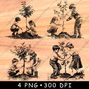 Enfants plantant un pommier, soins de la nature, activité de plein air amusante, fichier laser, gravure en niveaux de gris, ardoise, noir et blanc, image PNG, gravure sur bois CNC