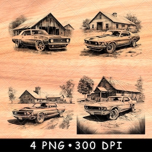 Muscle car classique vieille grange ferme rustique américaine vintage fichier laser graver en niveaux de gris ardoise dessous de verre image PNG noire et blanche graver Cnc art du bois
