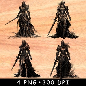 Mujer caballero oscuro medieval guerrero espada fantasía armadura dama archivo láser quemar escala de grises pizarra posavasos negro blanco PNG imagen grabado CNC madera