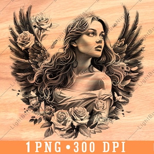 Belles ailes d'ange roses épanouies fleur céleste divin fichier laser graver en niveaux de gris ardoise dessous de verre image PNG noir et blanc graver sur bois, un