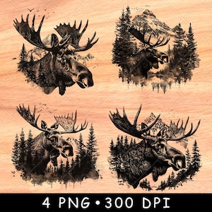 Tête d'orignal animal paysage de montagne wapiti wapiti forêt arbres gravure en niveaux de gris ardoise sous-bocks image PNG noir et blanc gravure CNC