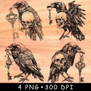 May include: Four digital illustrations of ravens holding keys. Each raven is depicted in a black and white style with a skull and a key. The background is a wood grain pattern.