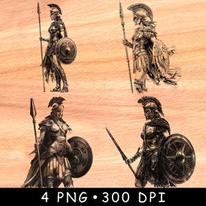 Godin Athene Grieks oude krijger vrouw pantser speer schild laserbestand branden grijstinten leisteen onderzetter zwart wit PNG-afbeelding graveren cnc hout