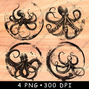Puede incluir: Cuatro ilustraciones de pulpos en blanco y negro, dentro de diseños circulares. Cada pulpo está detallado, sobre un fondo claro de vetas de madera. El texto "4 PNG • 300 DPI" está incluido.