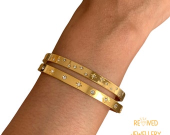 Golden Celestial Cuff Set | Gold Bangles  Sun Stars Carved Bracelet | Classic Stackables