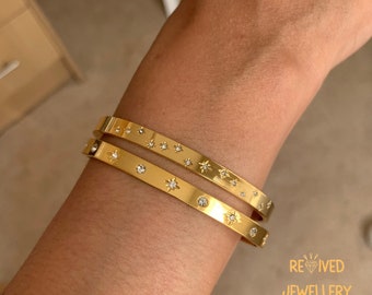 Golden Celestial Cuff Set | Gold Bangles  Sun Stars Carved Bracelet | Classic Stackables