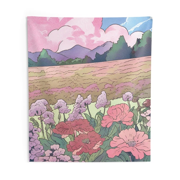 Kawaii Wildflower Anime Watercolor Tapestry, Pink Nature Wall Hanging Tapestries, Mountain Side Portrait Wall Art