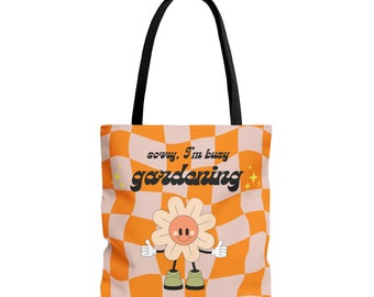 Cute Gardening Tote Bag, Smiley Face Flower Gardener Checkerboard Print Bag