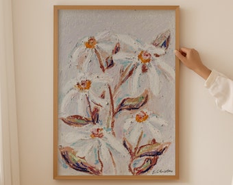 Daisies, Oil Pastel Painting by E. Christine | Fine Art Print