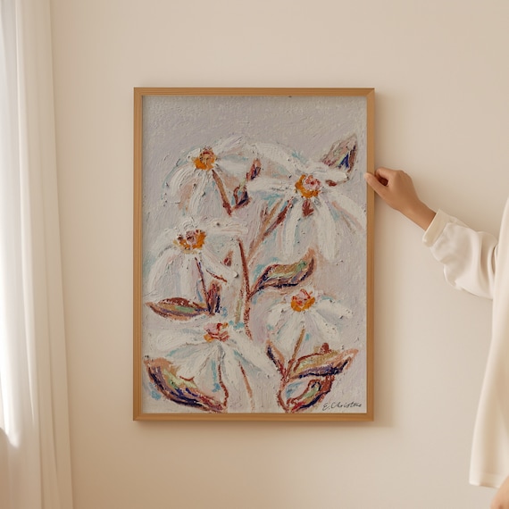 Daisies, Oil Pastel Painting by E. Christine | Fine Art Print