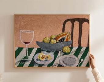 Guavas and a Papaya, Oil Painting by E. Christine | Fruit Still Life Fine Art Print