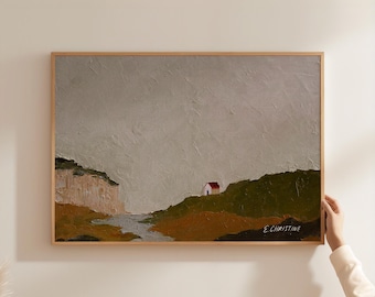 May include: A painting of a landscape with a small house in the distance. The sky is a light gray with hints of blue, and the ground is a mix of green and brown. The painting is signed "E. Christine" in the bottom right corner.