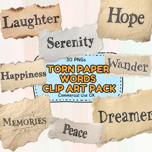 Clipart di parole di carta strappata vintage - 30 PNG, carattere della macchina da scrivere, estetica della carta strappata, effimeri del diario spazzatura, scrapbooking, adesivi digitali