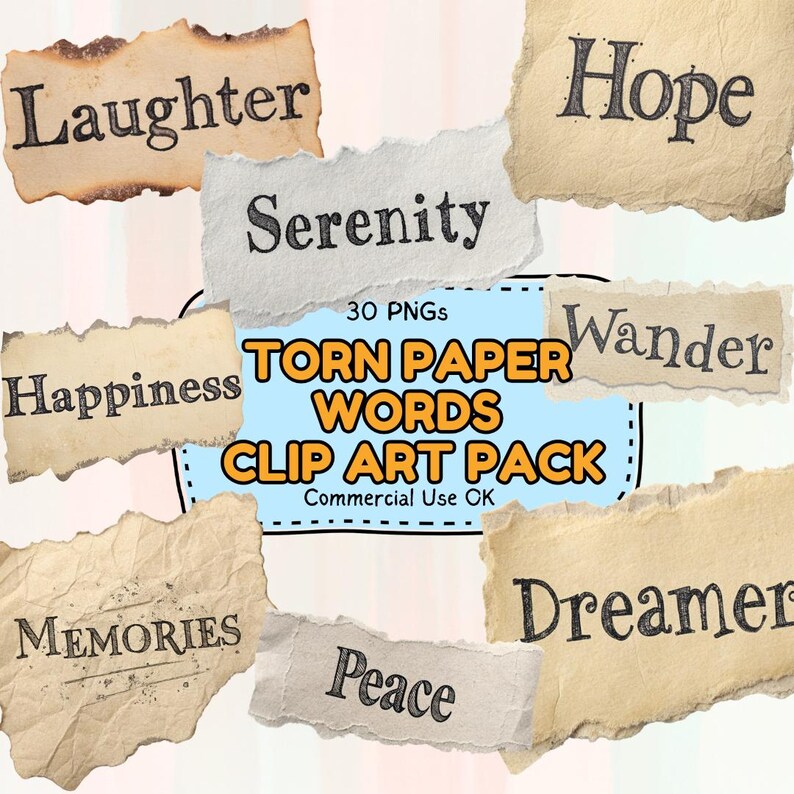 Getting Ripped Words Vintage Torn Paper Words Clipart: Junk Journal Ephemera (30 Pngs) - Etsy