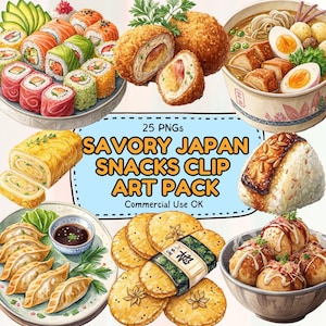 25 bocadillos sabrosos japoneses, imágenes prediseñadas pintadas a mano, acuarela, comida PNG, ilustración de comida callejera japonesa, descarga digital