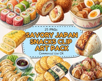 25 Japanese Snack PNG Bundle, Watercolor Japan Food Clipart, Kawaii Street Food PNG, Sushi Takoyaki Transparent Art