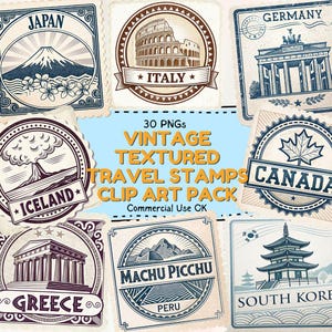 Vintage Textured Passport Stamps Clip Art - 30 PNGs de diferentes países - Download digital