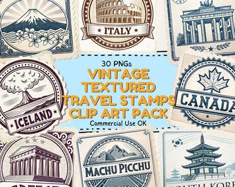 Vintage Textured Passport Stamps Clip Art - 30 Pngs of Different