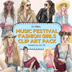 Festival Fashion Girlies Clipart-Set 30 PNGs | Boho Chic Edgy Glam Digitale Aufkleber Scrapbook Planer Einladungen Sublimation Art