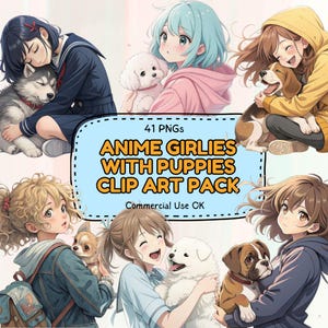 Anime Girl Clipart with Puppies – 41 PNG Cute Anime Girls, Transparent Background, Kawaii Clip Art for Stickers, Junk Journals, Scrapbooks