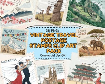 Vintage Travel Stamps Clipart: Hand-Painted Style Landmark PNGs (Digital Download)