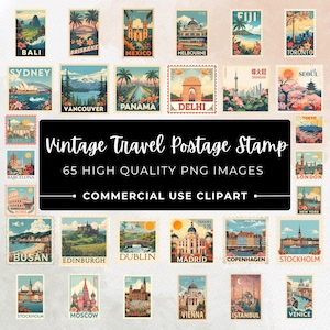 Vintage Travel Stamp Clipart Bundle: 65 Retro World Landmark PNG Stickers
