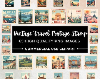 Vintage Travel Stamp Clipart Bundle: 65 Retro World Landmark PNG Stickers