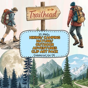 35 cliparts randonnée peints à la main PNG | Illustrations d'aventure en pleine nature | Stickers numériques camping, nature, montagnes, forêt, extérieur