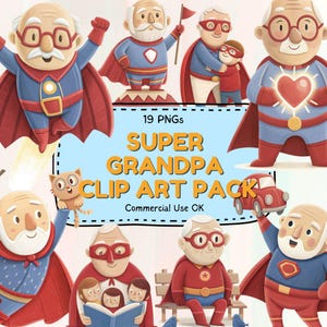 Imágenes prediseñadas de abuelo superhéroe: 19 PNG: diseños de abuelos heroicos para manualidades, álbumes de recortes y más