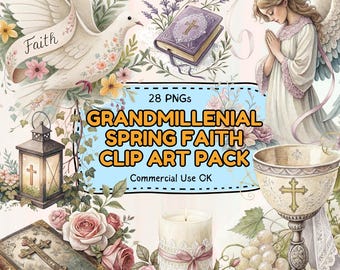 Grandmillennial Faith Clipart Bundle, 28 PNG Watercolor Christian Symbols, Vintage Floral Cross Art, Bible Journaling, Church Printables