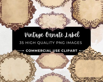 35 Vintage Ornate Label PNG Bundle, Antique Victorian Frame Labels, Distressed Paper Tags, Printable Ephemera, Digital Download