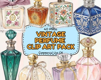 Conjunto de imágenes prediseñadas de frascos de perfume vintage, paquete PNG de fragancias retro de acuarela, 40 elegantes ilustraciones de belleza pintadas a mano
