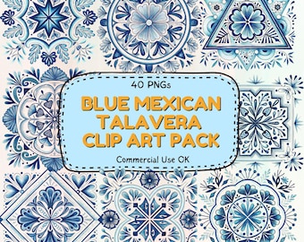 Talavera Tile PNG Bundle, Mexican Ceramic Clipart, Blue Spanish Tile Designs, Vintage Pattern Sublimation PNG Pack