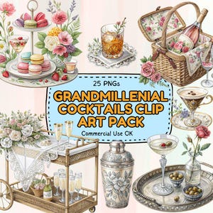 Grandmillennial Cocktails Clipart | 25 handgemalte Vintage PNGs | Blumen Cocktail Ästhetik